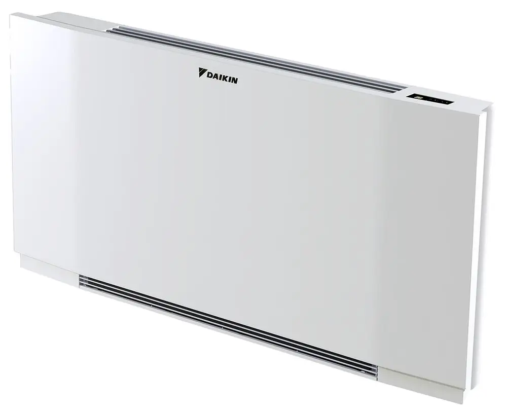 Weißes Heizgerät von Daikin mit glatter Oberfläche, horizontalem Design und Lüftungsschlitzen auf der Unterseite, montiert an einer Wand.